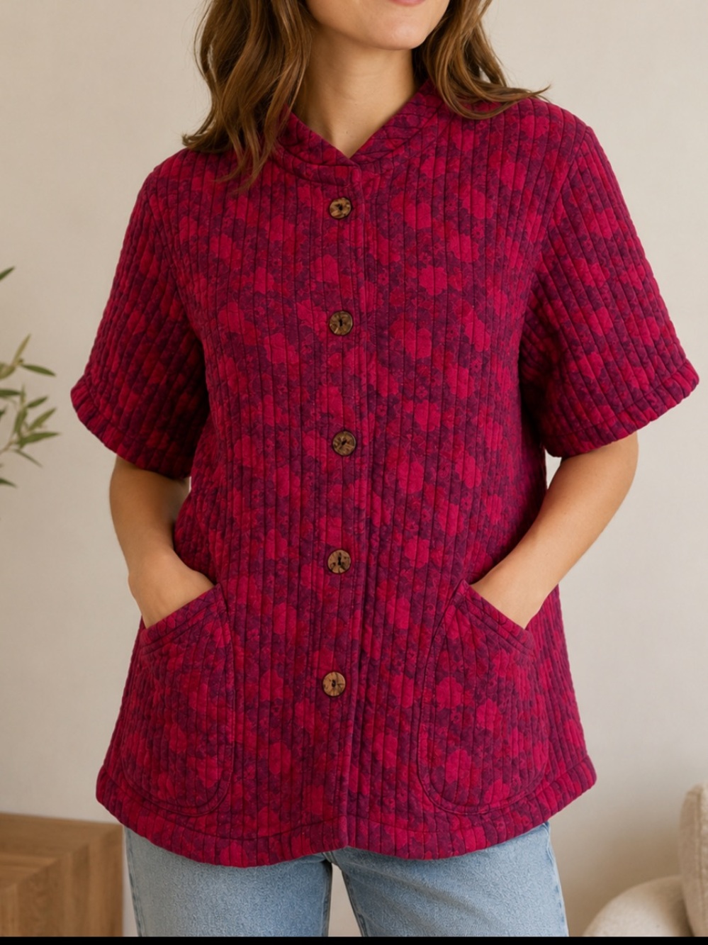 Quilted Short-Sleeve Button Front Jacket in Deep Berry Made in Korea 100% cotton